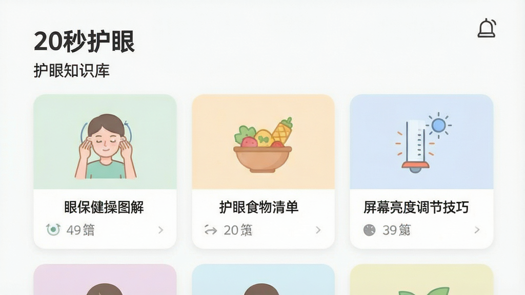 一张展示“20秒护眼”软件内护眼知识库页面的界面截图风格插画,页面上排列着多张图文卡片,卡片标题包括“眼保健操图解”、“护眼食物清单”、“屏幕亮度调节技巧”,每张卡片配有简约的图标和柔和的色彩,整体布局清晰,风格清新淡雅,画质清晰,画面干净,无多余元素