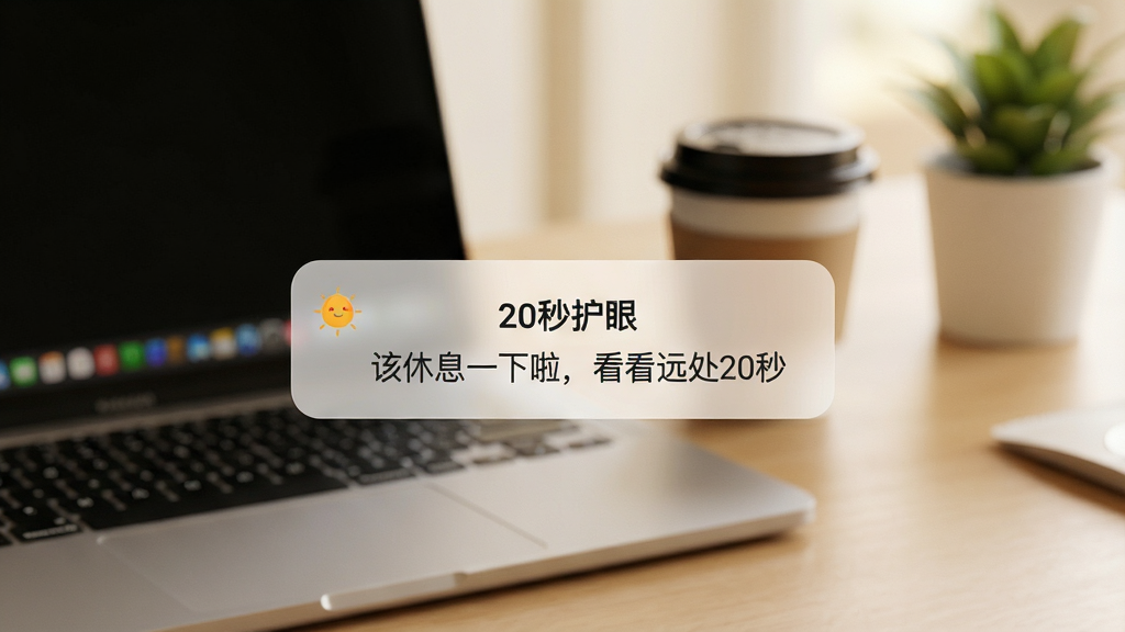 一幅展示手机屏幕上弹出“20秒护眼”提醒通知的细节图,通知卡片上写着“该休息一下啦,看看远处20秒”,背景是虚化的办公桌面,桌面上有笔记本电脑、咖啡杯和一盆小绿植,整体色调温暖柔和,风格写实,画质细腻,画面干净,无多余元素