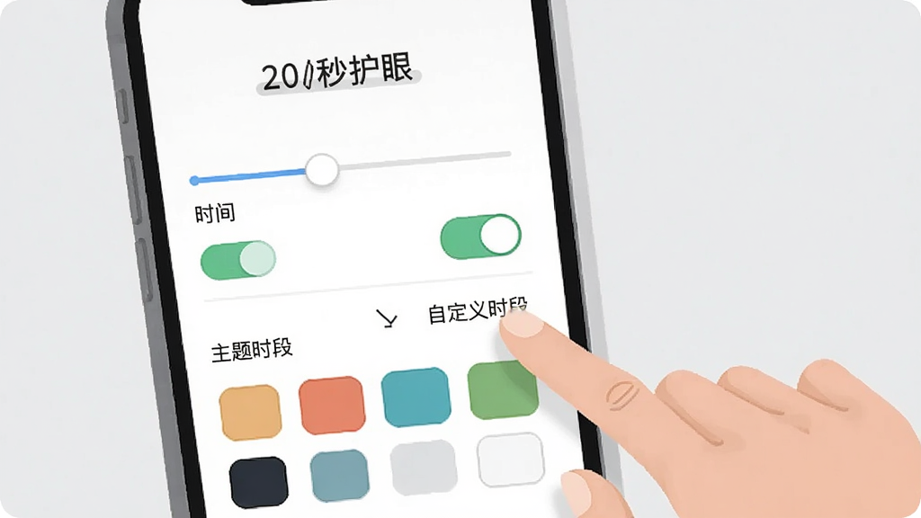 一张展示“20秒护眼”软件个性化设置界面的插画,画面中有一个手机屏幕,屏幕上显示着时间滑块、开关按钮和主题选择色块,旁边有一只手正在点击屏幕上的“自定义时段”选项,背景是简洁的浅灰色,整体风格现代简约,画质清晰,画面干净,无多余元素