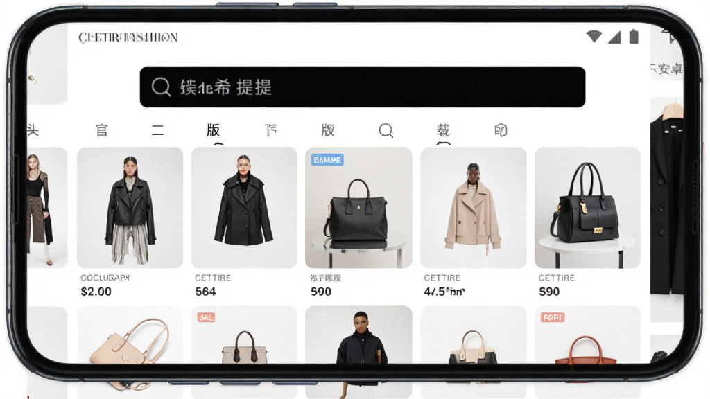 CETTIRE希提提 官方正版 安卓版 下载 安装 界面 展示 图,主体为一部智能手机屏幕显示时尚购物APP首页,布局上方搜索栏下方商品瀑布流,排版居中对称,风格现代简约,细节包含服饰包袋配饰缩略图与品牌标签,画质清晰干净无多余元素