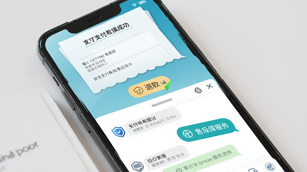 CETTIRE希提提 安全支付 售后保障 服务 图,主体为手机屏幕展示支付成功页面与客服对话窗口,布局上方支付凭证下方聊天记录,排版整洁有序,风格可信赖,细节包含盾牌图标对话气泡退款按钮,画质清晰干净无多余元素