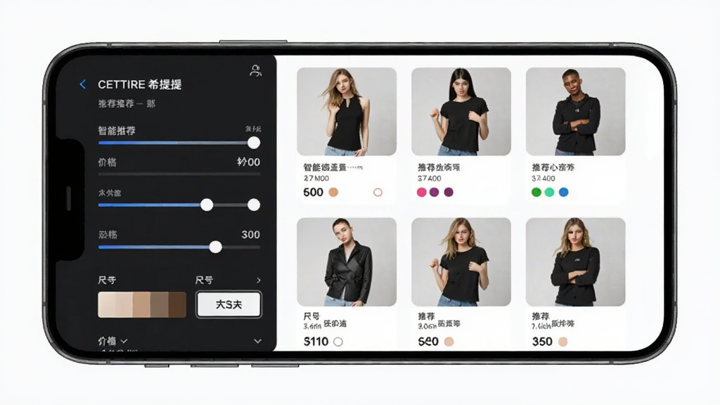 CETTIRE希提提 智能推荐 个性化筛选 功能 界面 图,主体为手机屏幕展示筛选面板与推荐商品卡片,布局左侧筛选条件右侧商品列表,排版清晰规整,风格科技时尚,细节包含价格滑块颜色色块尺码按钮,画质锐利干净无多余元素