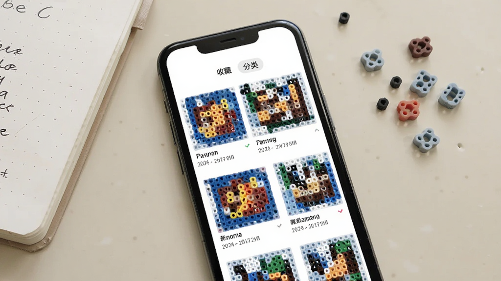 拼豆画作品管理界面图,画面是手机屏幕展示拼豆画应用的作品列表页,屏幕上排列着多个拼豆图纸缩略图,每个缩略图下方有作品名称和日期,顶部有收藏和分类标签,背景是简洁的浅色桌面,旁边放着一本手账和几颗拼豆,风格清新,细节清楚,画质干净,无多余元素。