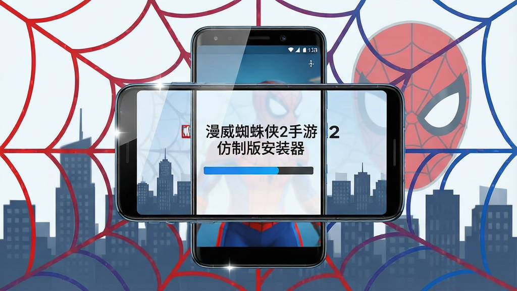 画面中央放置一部安卓智能手机,手机屏幕显示漫威蜘蛛侠2手游仿制版安装器的启动界面,界面包含“漫威蜘蛛侠2手游仿制版安装器”文字标题与进度条。手机周围环绕红蓝相间的蜘蛛网线条与城市楼宇剪影。布局采用居中对称构图,排版简洁清晰。风格为科技感扁平插画,细节包括手机边缘的高光反射、背景中隐约的蜘蛛侠面具轮廓。画质高清,画面干净,无多余元素。