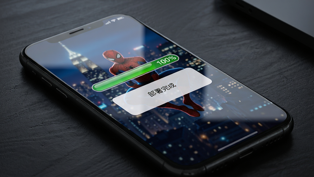 手机屏幕显示安装器部署进度条达到100%,弹出“部署完成”提示框,背景为城市夜景与蜘蛛侠剪影。手机斜放在深色桌面上,布局为特写镜头,排版突出屏幕内容。风格为写实渲染,细节包括屏幕玻璃反光、桌面细微纹理、进度条的光泽感。画质高清,画面干净,无多余元素。