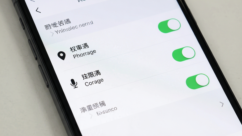 附近倾遇 权限设置与安全提示界面 手机屏幕显示权限开关列表 主体为手机设置页面 布局为纵向选项排列 风格简洁商务 细节包含定位、存储、麦克风图标与开关按钮 画面干净 无多余元素 高清画质