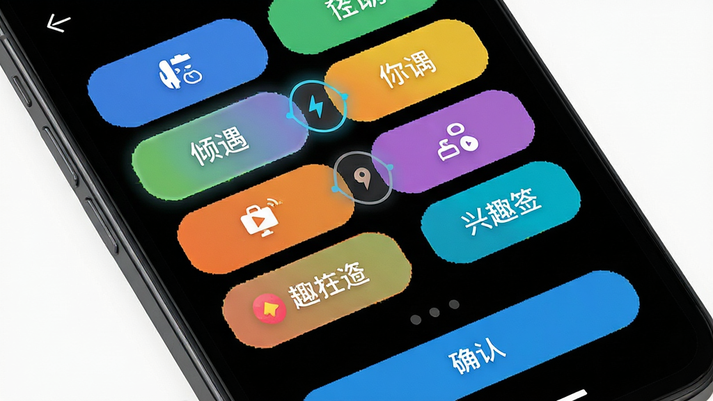 附近倾遇 兴趣标签选择页面 手机屏幕中显示多个彩色标签按钮 主体为手机界面特写 布局为标签网格排列 风格活泼明快 细节包含选中高亮效果、标签图标、确认按钮 画面干净 无多余元素 高清画质