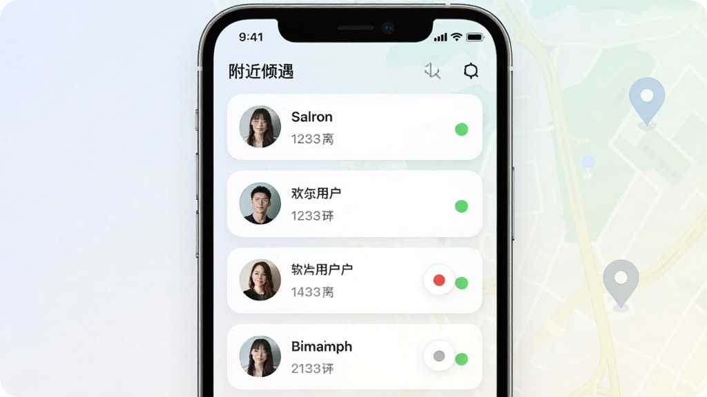 附近倾遇 软件主界面展示 手机屏幕中显示附近用户头像列表与地图定位标记 主体为一部竖屏智能手机 布局居中 背景为浅色渐变 风格清新简约 细节包含用户卡片、距离标签、在线状态圆点 画面干净 无多余元素 高清画质