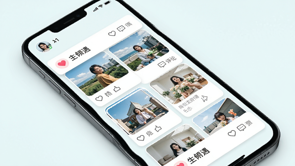 附近倾遇 动态广场页面 手机屏幕显示图文卡片瀑布流 主体为手机界面 布局为双列卡片排列 风格清新浅色 细节包含用户头像、图片缩略图、点赞爱心、评论数量 画面干净 无多余元素 高清画质