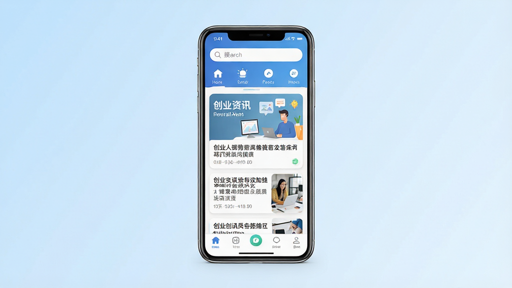 一张手机应用界面展示图,画面中央是一部竖屏智能手机,屏幕内显示创业人应用的首页界面,顶部有搜索栏与分类图标,中部为创业资讯卡片列表,底部为导航栏,背景为简洁的浅蓝色渐变,整体风格现代清爽,细节清晰,画质干净,无多余元素