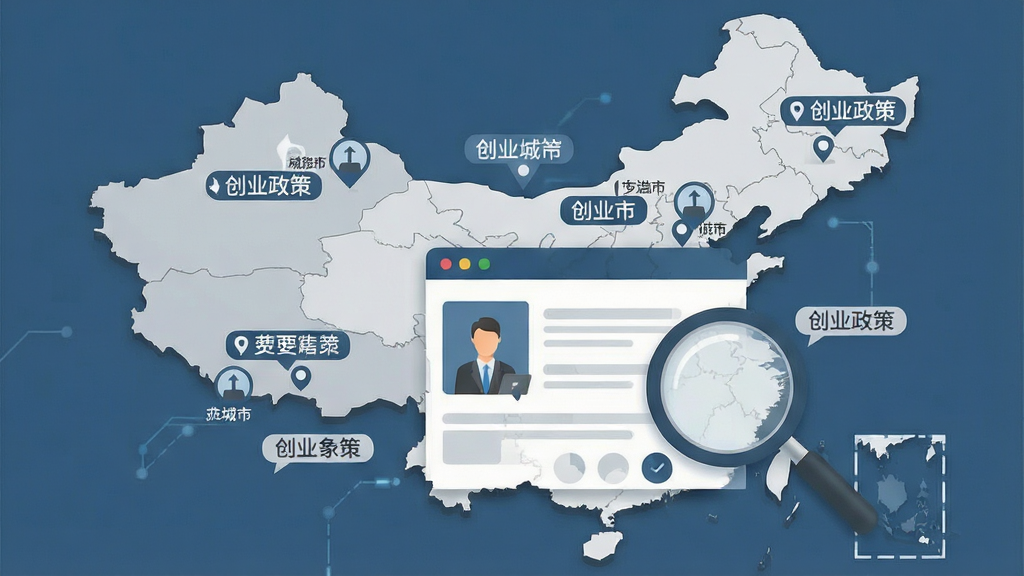 一张信息图表风格图片,画面以中国地图轮廓为背景,上面标注了多个城市的创业政策标签,前景是创业人应用界面与放大镜图标,整体风格商务简约,色调为蓝灰与白色,细节清晰,画质干净