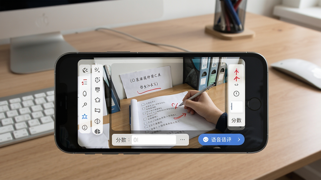 一张展示苏州线上教育教师端作业批改界面的图片,主体为手机屏幕显示学生提交的作业图片与红笔批注工具,布局为手机正面展示,背景为办公桌面,风格为简洁实用风,细节包括批改工具栏、分数输入框、语音点评按钮,画质高清,干净,无多余元素