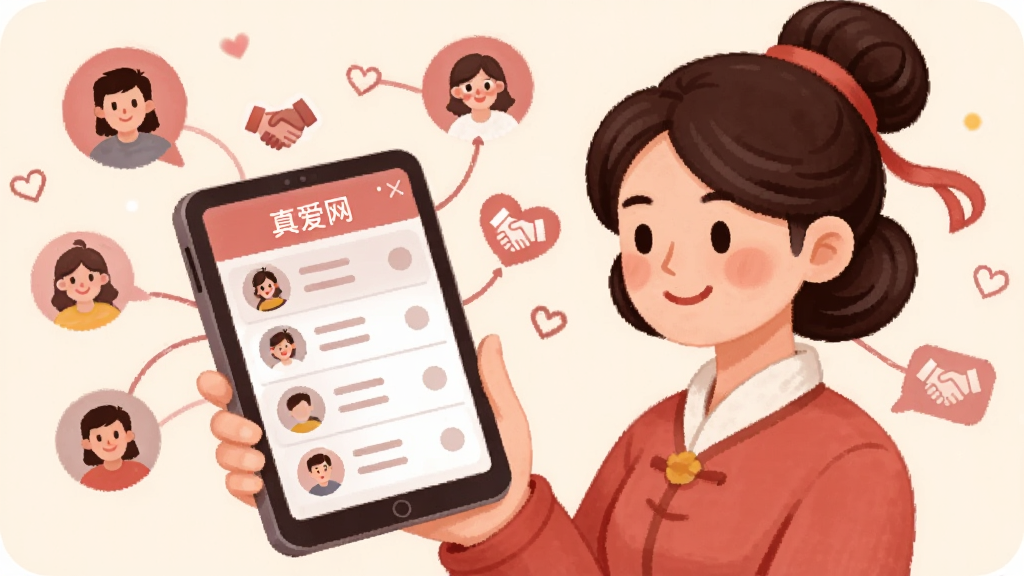 一幅插画风格图片,画面中一位红娘形象手持平板电脑,屏幕上显示
