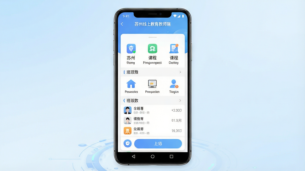 一张展示苏州线上教育教师端手机应用界面的图片,主体为一部安卓手机,屏幕显示教师端首页的课程管理面板与班级列表,布局为手机居中放置,背景为简洁的浅蓝色渐变,风格为现代教育科技风,细节包括界面图标清晰、按钮圆润、文字显示