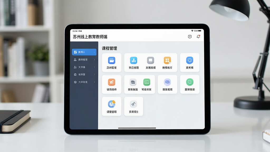 一张展示苏州线上教育教师端在平板设备上运行的图片,主体为平板电脑横屏显示教师端课程管理界面,布局为平板居中,背景为书房桌面,风格为简约科技风,细节包括界面布局清晰、图标排列整齐、文字显示