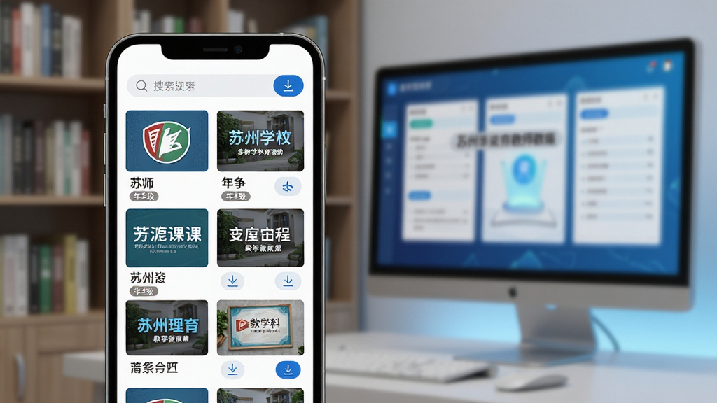 一张展示苏州线上教育教师端教学资源库的图片,主体为手机屏幕显示多学科课件封面与搜索栏,布局为网格状资源列表,背景为书架与电子屏幕结合,风格为知识科技风,细节包括学科图标、年级标签、下载按钮,画质高清,干净,无多余元素