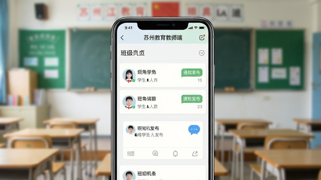 一张展示苏州线上教育教师端班级管理界面的图片,主体为手机屏幕显示班级列表、学生头像与通知发布框,布局为手机居中,背景为教室场景虚化,风格为清新教育风,细节包括班级名称、学生人数、消息气泡,画质清晰,干净,无多余元素
