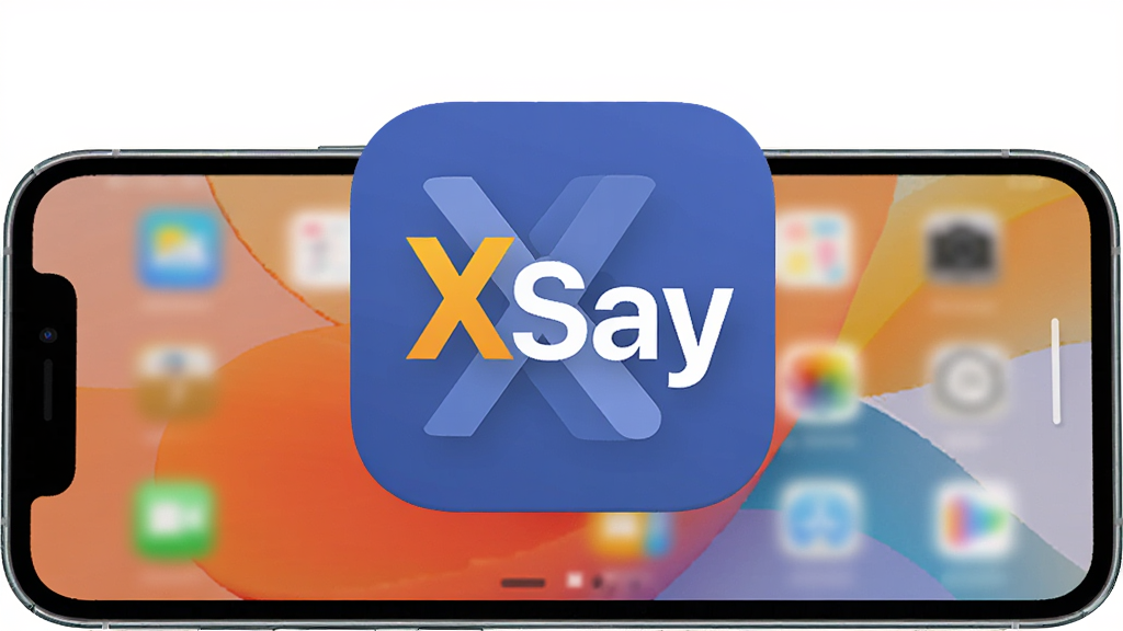 主体为XSay软件图标悬浮在手机屏幕上方,图标带有“XSay”文字标识;布局为图标居中,手机横向放置;排版为左右留白对称;风格为扁平化设计,色彩明亮;细节包括图标边缘锐利、手机屏幕显示桌面壁纸;画质为高清,干净清爽无多余元素