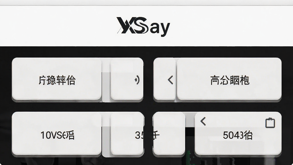 主体为XSay软件操作界面特写,界面中显示“XSay”字样和几个功能模块按钮;布局为界面占满画面,按钮排列整齐;排版为纵向分布;风格为极简UI风格;细节包括按钮带有微立体阴影、文字清晰;画质为高清,画面干净无杂乱元素