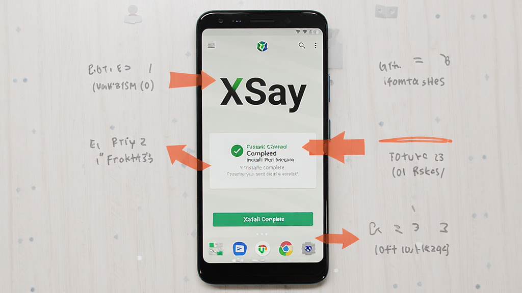 主体为一部安卓手机显示XSay安装完成后的主界面,屏幕中“XSay”字样醒目;布局为手机竖屏居中,背景为浅色桌面;排版为上下结构;风格为教程指引风格,带有箭头标注;细节包括安装完成提示、界面按钮清晰;画质为高清,画面干净无多余元素