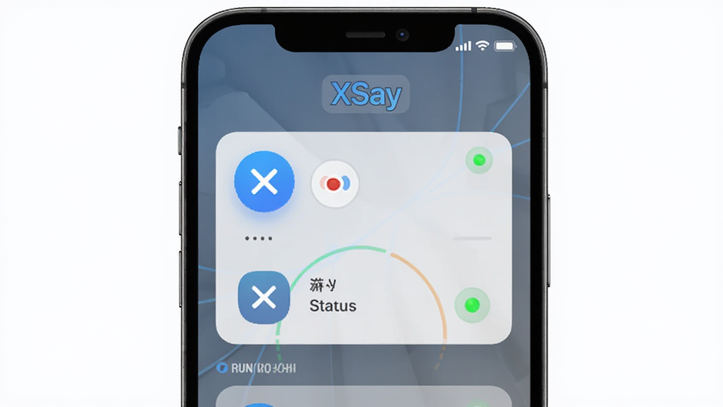 主体为XSay软件在手机后台运行的状态示意图,屏幕显示“XSay”运行中标签;布局为手机竖屏居中;排版为上下结构;风格为科技感蓝灰配色;细节包括后台卡片圆角、运行状态指示灯;画质为高清,画面干净无多余元素