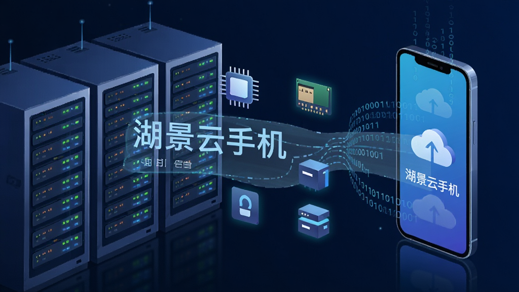 一幅抽象的数据中心与手机连接的示意图,画面左侧是一排发光的服务器机柜,右侧是一部智能手机,中间用半透明的数据流线条连接,线条上漂浮着CPU、内存、存储等图标,背景为深色科技蓝,风格为现代简约科技插画,细节包括服务器指示灯的微光、数据流中的二进制数字、手机屏幕上的云朵图标,画质高清,画面干净,无多余元素,图片中文字为“湖景云手机”