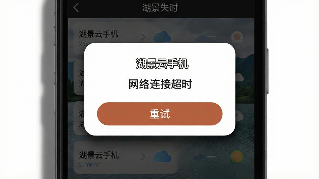 一张手机屏幕上显示湖景云手机连接失败提示弹窗的截图风格图片,弹窗中有“网络连接超时”字样和重试按钮,背景为深色界面,风格为扁平化UI设计,细节包括弹窗的阴影效果、按钮的圆角、背景中的云手机实例列表,画质清晰,画面干净,无多余元素,图片中文字为“湖景云手机”