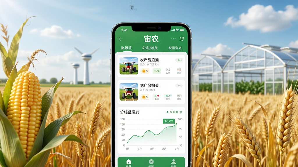画面主体是一部智能手机,屏幕上清晰展示“宙农”APP的主界面,界面上有农产品拍卖列表和价格走势图。背景是蓝天白云下的金色麦田和现代化农业大棚。布局采用中心构图,手机放置于画面正中偏下位置,四周环绕着玉米、小麦等农作物元素。整体风格为写实科技农业风,细节丰富,光影柔和。画质清晰,画面干净,无多余元素。