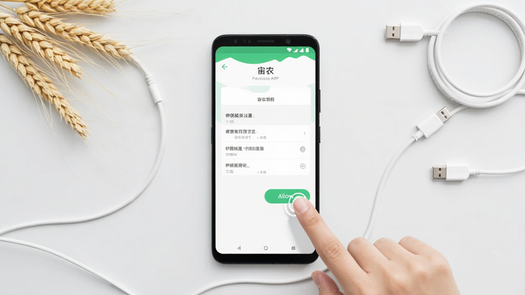 画面主体是一部安卓手机,屏幕上显示“宙农”APP的权限设置界面,旁边有手指点击允许按钮的动作示意。背景为简洁的浅灰色桌面,桌面上散落着麦穗和手机数据线。布局采用俯视角度,手机位于画面中央,四周留白。风格为清新简约风,色调以白色和浅绿色为主。画质清晰,画面干净,无多余元素。