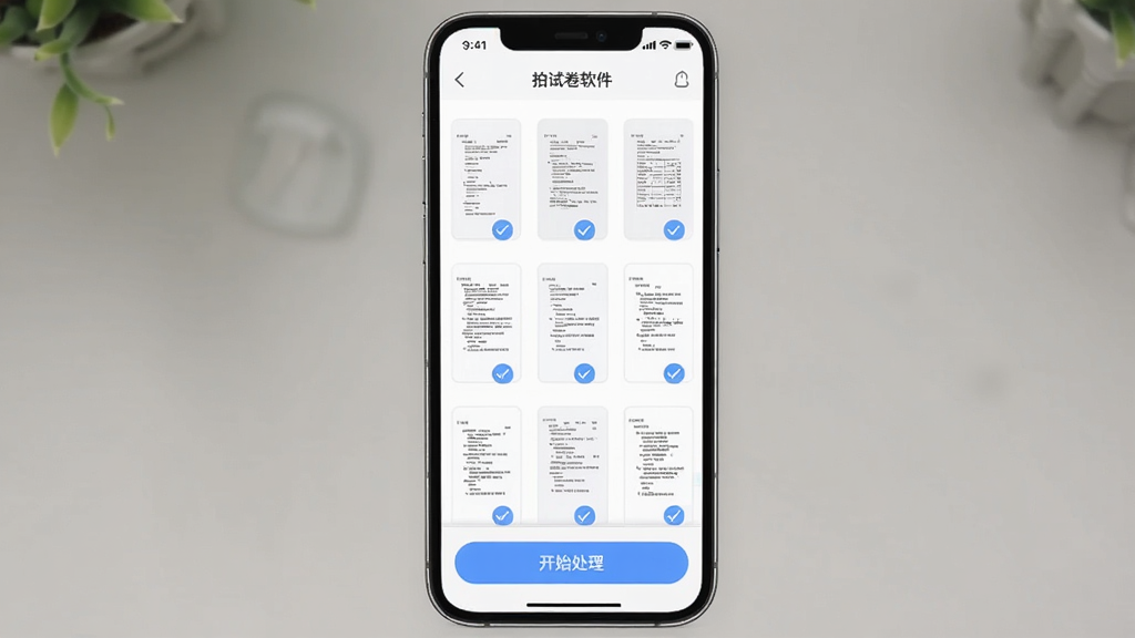 一张展示拍试卷APP批量处理界面的图片,画面中手机屏幕显示相册中多张试卷缩略图被勾选,底部有开始处理按钮,界面风格简洁清新,带有拍试卷软件名称标识,画质清晰,干净,无多余元素