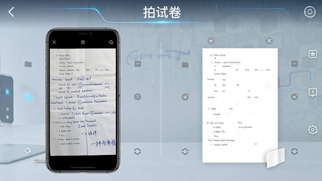一张展示拍试卷APP试卷还原功能的界面截图,画面中手机屏幕左侧显示带有蓝色手写答案的试卷原图,右侧显示擦除答案后干净整洁的空白试卷,界面顶部有拍试卷字样,风格为科技感UI展示,画质清晰,干净,无多余元素