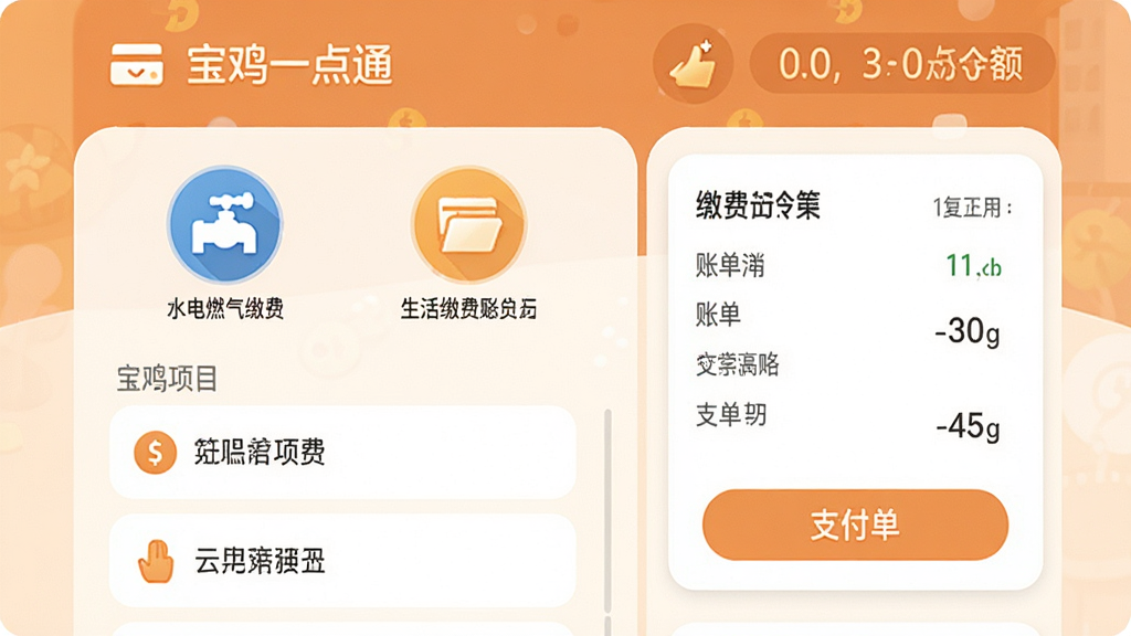 生活缴费功能界面,主体为水电燃气缴费图标与账单卡片,布局为顶部账户余额显示与下方缴费项目列表,排版简洁,风格为温馨的生活服务暖色调,细节包含“宝鸡一点通”品牌文字与清晰的支付按钮,画质高清,画面干净,无多余元素