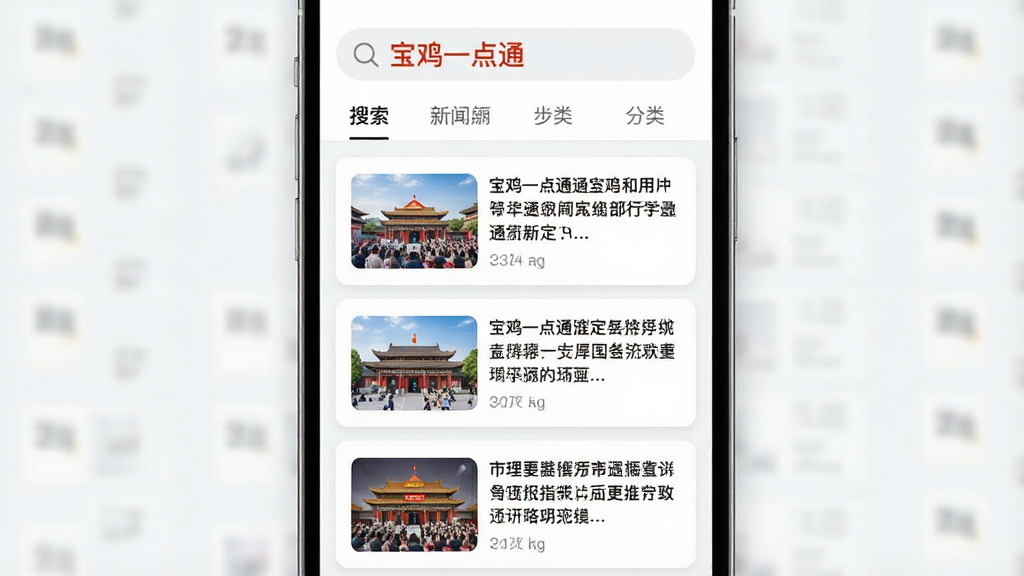 手机新闻资讯列表界面,主体为展示宝鸡本地新闻卡片,布局为顶部搜索栏与分类标签,下方垂直排列新闻摘要卡片,排版清晰疏朗,风格为简洁现代的资讯阅读风,细节包含醒目的“宝鸡一点通”应用名称与新闻缩略图,画质清晰,画面干净,无多余元素