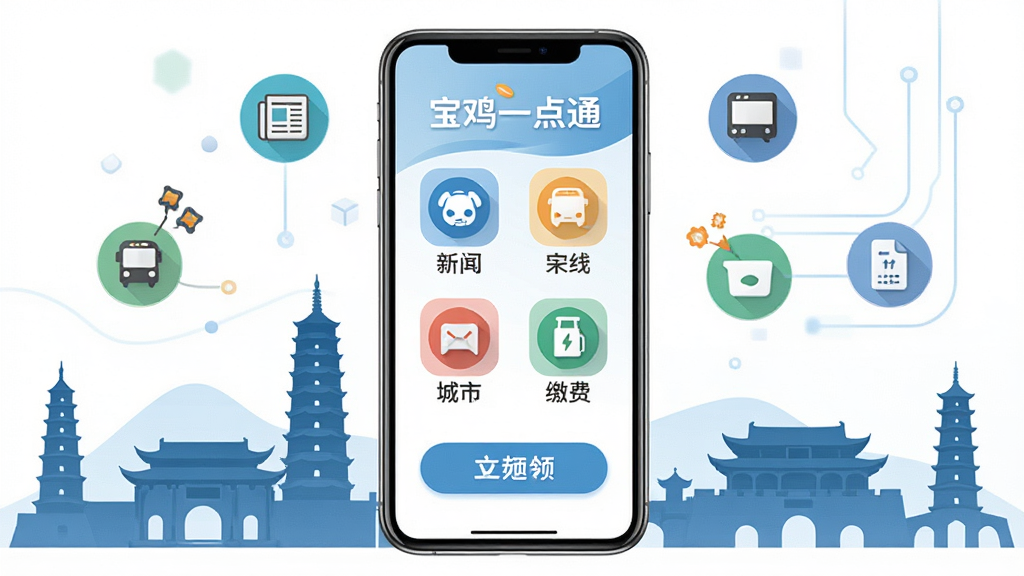 手机屏幕中展示宝鸡城市风貌与便民服务图标,主体为一部竖屏智能手机,布局为手机居中,周围环绕宝鸡地标建筑剪影与新闻、公交、缴费等小图标,排版采用扁平化信息图风格,风格为现代科技感与本地文化融合,细节包含清晰的“宝鸡一点通”文字标识与友好的交互按钮,画质高清,画面干净,无多余元素