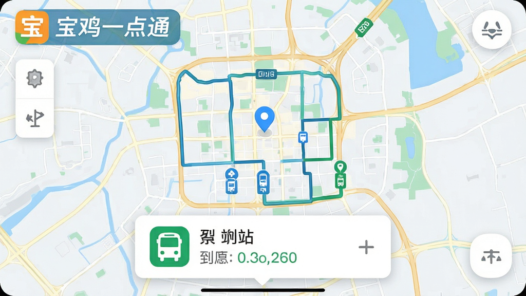 交通出行导航界面,主体为城市地图与公交路线标识,布局为地图占据主视觉,下方悬浮公交到站信息卡片,排版直观,风格为清爽的出行导航风格,细节包含“宝鸡一点通”应用标识与精准的定位图标,画质清晰,画面干净,无多余元素