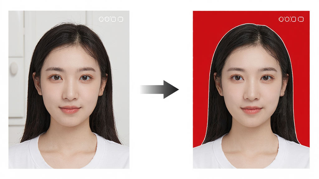 最美高清证件照智能抠图功能演示图,画面左侧是一张人物生活照,右侧是同一人物经过抠图换底后的红底证件照,中间用箭头连接表示处理过程,背景为纯白色,风格干净专业,画质高清,无多余元素