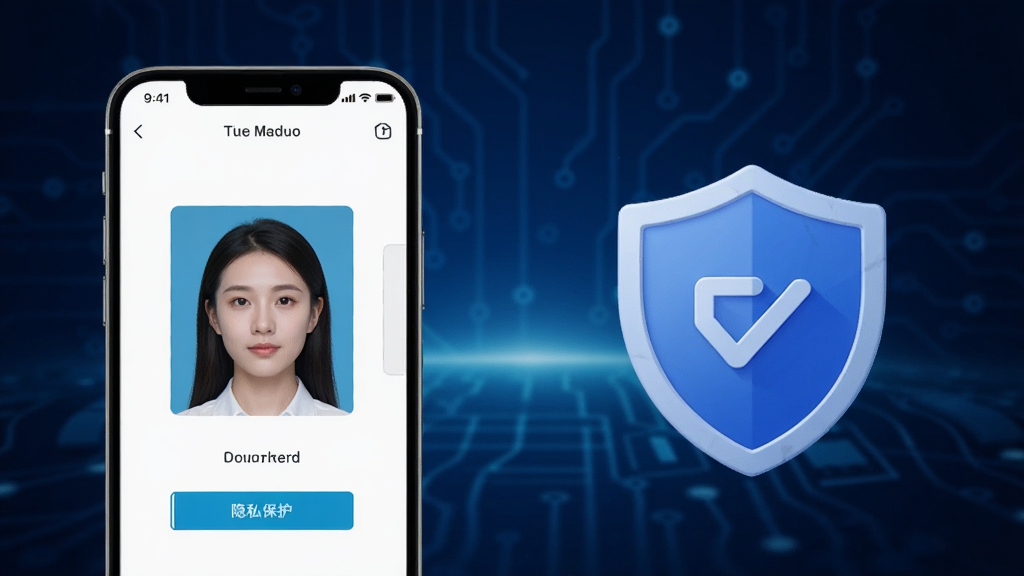最美高清证件照离线制作功能示意图,画面中手机处于飞行模式,屏幕上仍显示证件照制作完成界面,旁边有一个盾牌图标表示隐私保护,背景为深蓝色科技感渐变,风格简洁,画质高清,无多余元素
