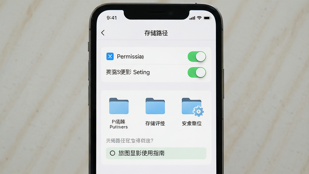 一张展示旅图显影使用指南的图片,画面主体为手机屏幕中显示权限设置与存储路径选择界面,布局为上下结构,风格为清爽素雅,细节包括权限开关、文件夹图标与提示文字,画质高清,干净,无多余元素