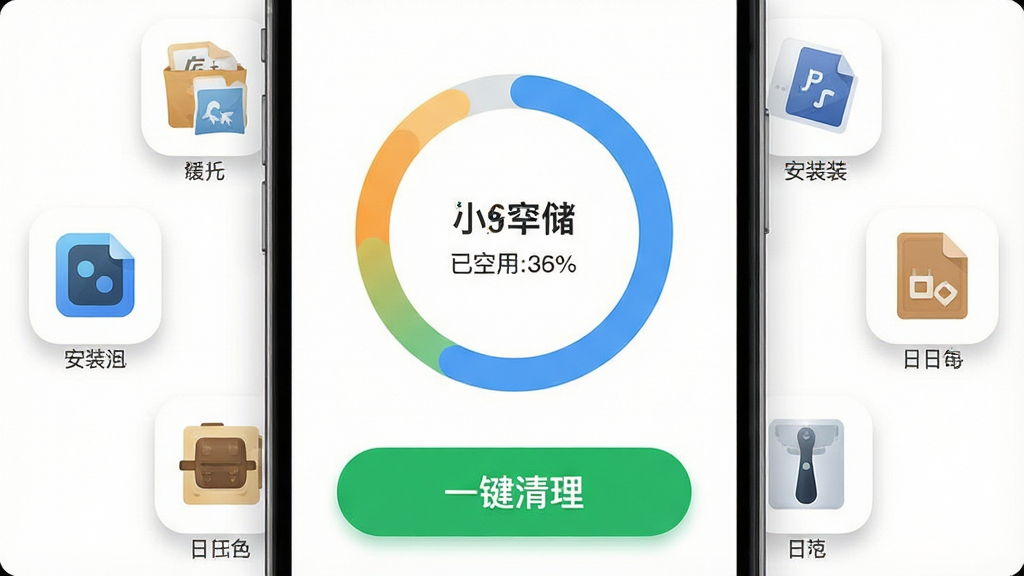 一张手机屏幕正面展示图,画面中央是小达清理软件的主界面,界面显示手机存储空间环形图,标注已用和可用空间,下方有醒目的绿色一键清理按钮,周围环绕着垃圾文件图标如缓存、安装包、日志等元素,整体布局简洁清晰,风格为扁平化科技风,细节包括圆角图标和柔和阴影,画质高清,干净,无多余元素
