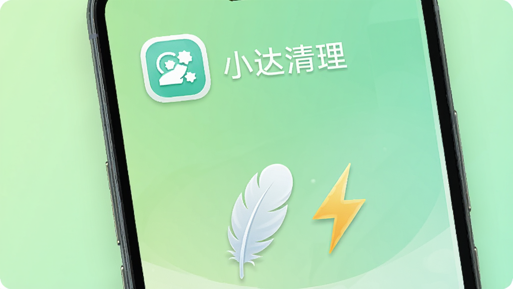 手机屏幕显示小达清理运行界面,屏幕上方显示小达清理图标和名称,下方有羽毛和闪电元素象征轻量快速,背景为浅绿色渐变,风格为清新简约风,细节包括圆角图标和柔和阴影,画质高清,干净,无多余元素