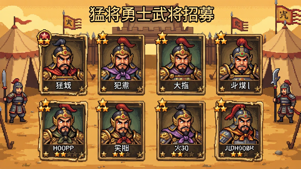 猛将勇士武将招募界面,画面中呈现多位三国名将卡牌排列,卡牌上标注武将姓名与星级,背景为古代军营场景,色调温暖,像素风格,细节精致,画质清晰,干净无杂乱元素