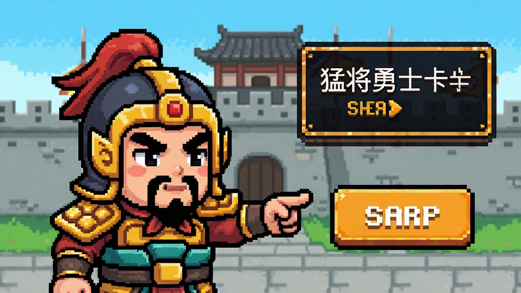 猛将勇士新手引导界面,画面中一位Q版三国武将手指向屏幕右侧的按钮,旁边有文字提示框,背景为简洁的古代城墙,像素风格,色彩明快,排版清晰,画质干净,无杂乱元素