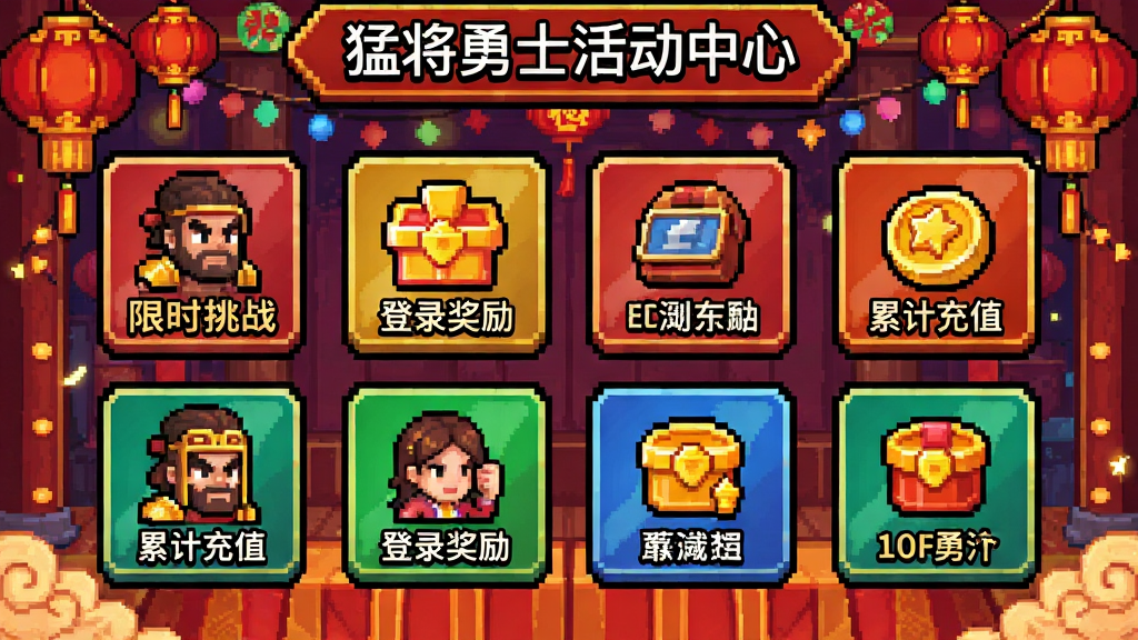 猛将勇士活动中心界面,画面中展示多个活动入口图标,包括限时挑战、登录奖励、累计充值等,背景为喜庆的节日装饰,像素风格,色彩丰富,排版整齐,画质清晰,无多余元素