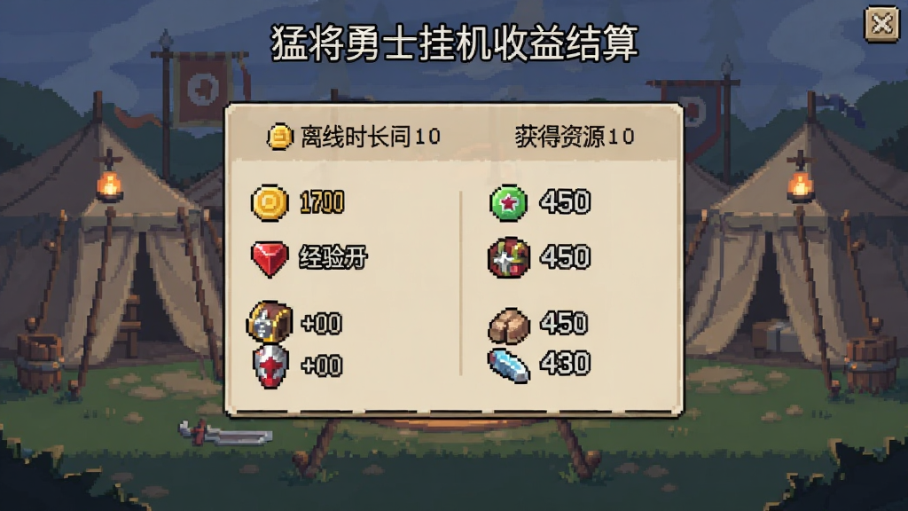 猛将勇士挂机收益结算界面,画面中央显示离线时长与获得资源列表,包括金币、经验丹、装备碎片等,背景为静谧的营帐场景,像素画风,色调柔和,细节清晰,画质干净,无多余装饰