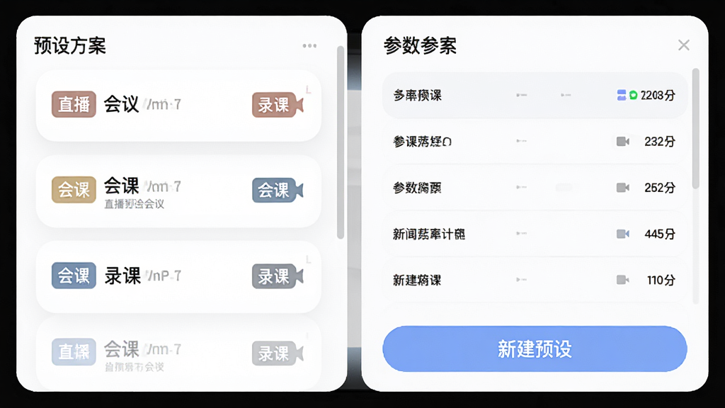 画面展示一个软件主界面,界面左侧为预设方案列表,每个方案旁有标签文字