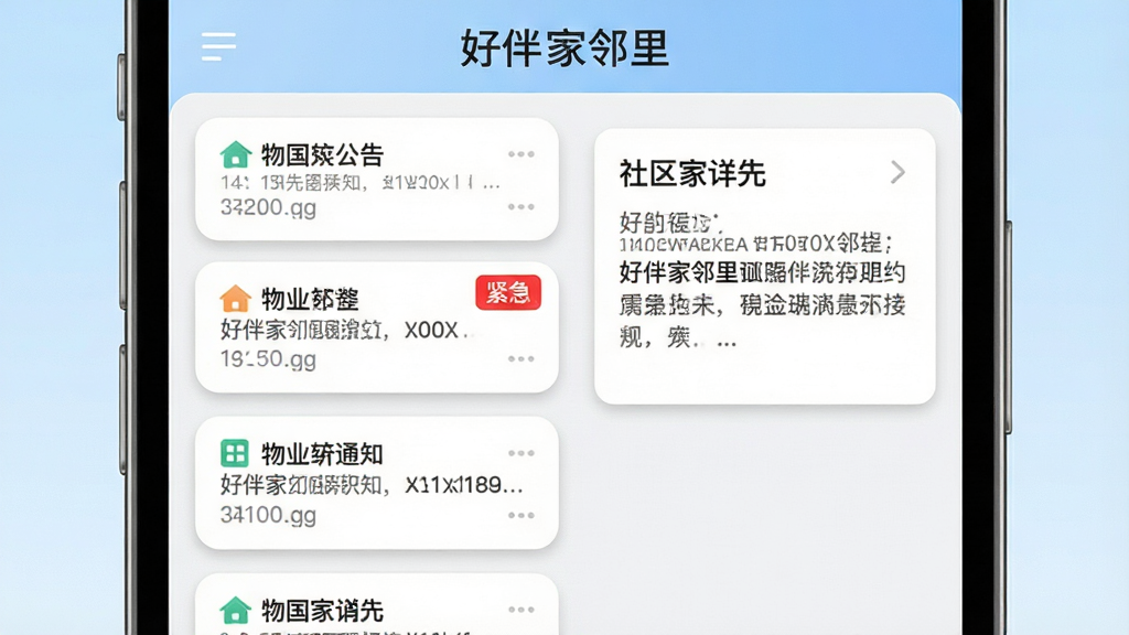 一张展示“好伴家邻里”社区公告功能的界面截图风格图片,画面主体为手机屏幕特写,屏幕中显示多条物业通知,其中一条带有红色“紧急”标签,布局采用左右分栏,左侧为公告列表,右侧为详情预览,风格为扁平化UI设计,细节上通知卡片带有圆角与浅灰色阴影,背景为柔和的浅蓝色渐变,画质干净清晰,无多余装饰元素