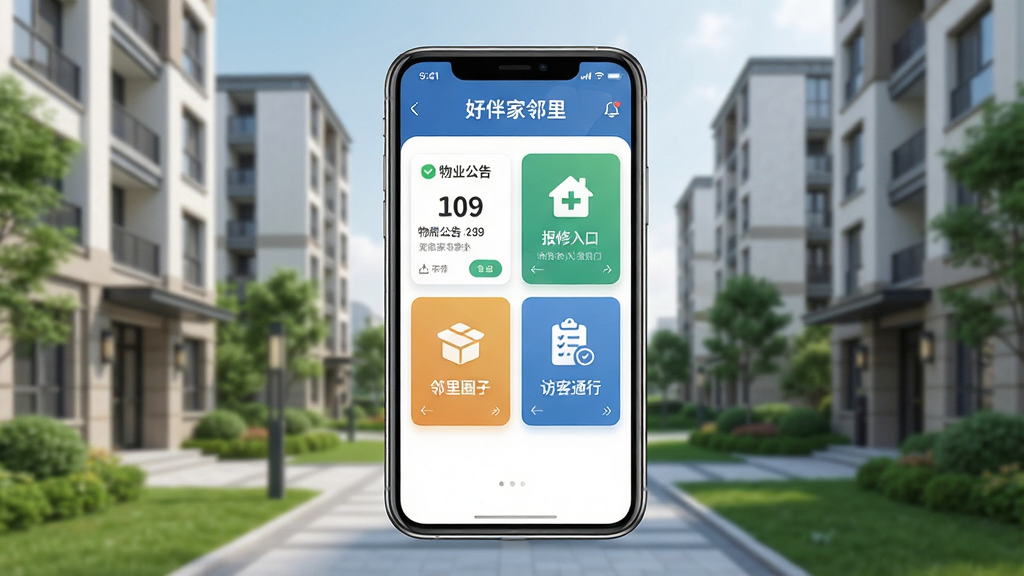 一款名为“好伴家邻里”的智能手机应用界面展示图,画面中央是一部竖屏手机,屏幕内呈现社区服务首页,包含物业公告、报修入口、邻里圈子和访客通行四个卡片模块,背景是简洁的现代小区楼栋与绿化带,整体布局采用居中构图,风格为写实科技风,细节上手机边缘有轻微高光反射,屏幕内文字清晰可见“好伴家邻里”字样,画质清晰,画面干净,无多余元素,4K分辨率