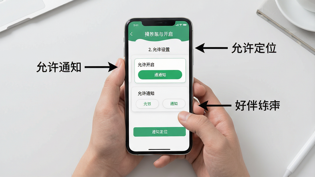 一张展示“好伴家邻里”手机端操作引导的示意图,画面主体为一双手持握手机,屏幕内显示权限设置与通知开启的步骤界面,布局采用俯视视角,风格为简洁教程风,细节上手机旁有箭头标注“允许通知”“允许定位”等操作提示,背景为浅灰色桌面,画质清晰,画面干净,无多余元素