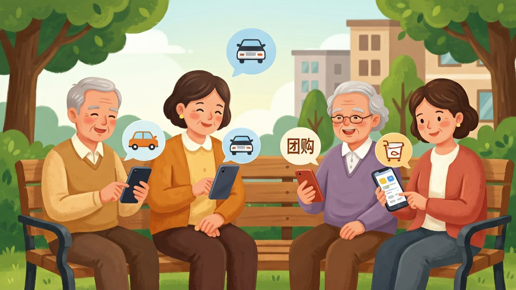 一幅表现“好伴家邻里”邻里圈子功能的场景插画,画面中展示多位不同年龄的居民围坐在小区花园长椅旁,各自手持手机浏览屏幕,手机界面浮现出二手转让、拼车、团购等气泡图标,构图采用对角线布局,风格为温暖治愈系插画,细节上人物表情轻松愉悦,背景有绿树与楼栋轮廓,画质细腻,画面干净,无多余文字元素