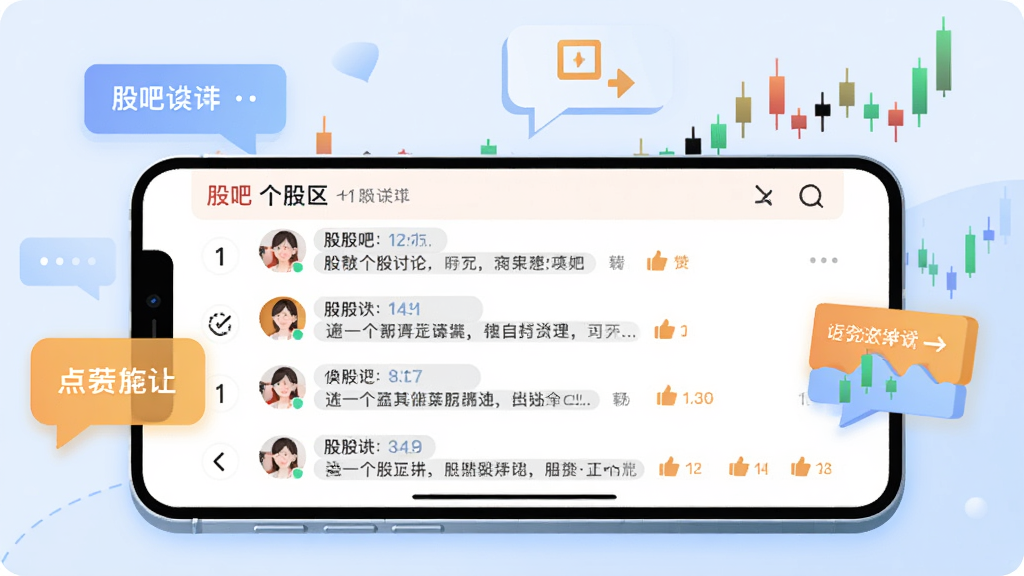 股吧社区互动功能展示,画面中一部手机横向放置,屏幕显示股吧个股讨论区界面,多条用户评论与点赞图标清晰可见,周围漂浮着对话气泡与股票K线元素,背景为柔和的浅蓝色,风格扁平化插画,色彩明快,细节精致,画质高清,干净无多余元素